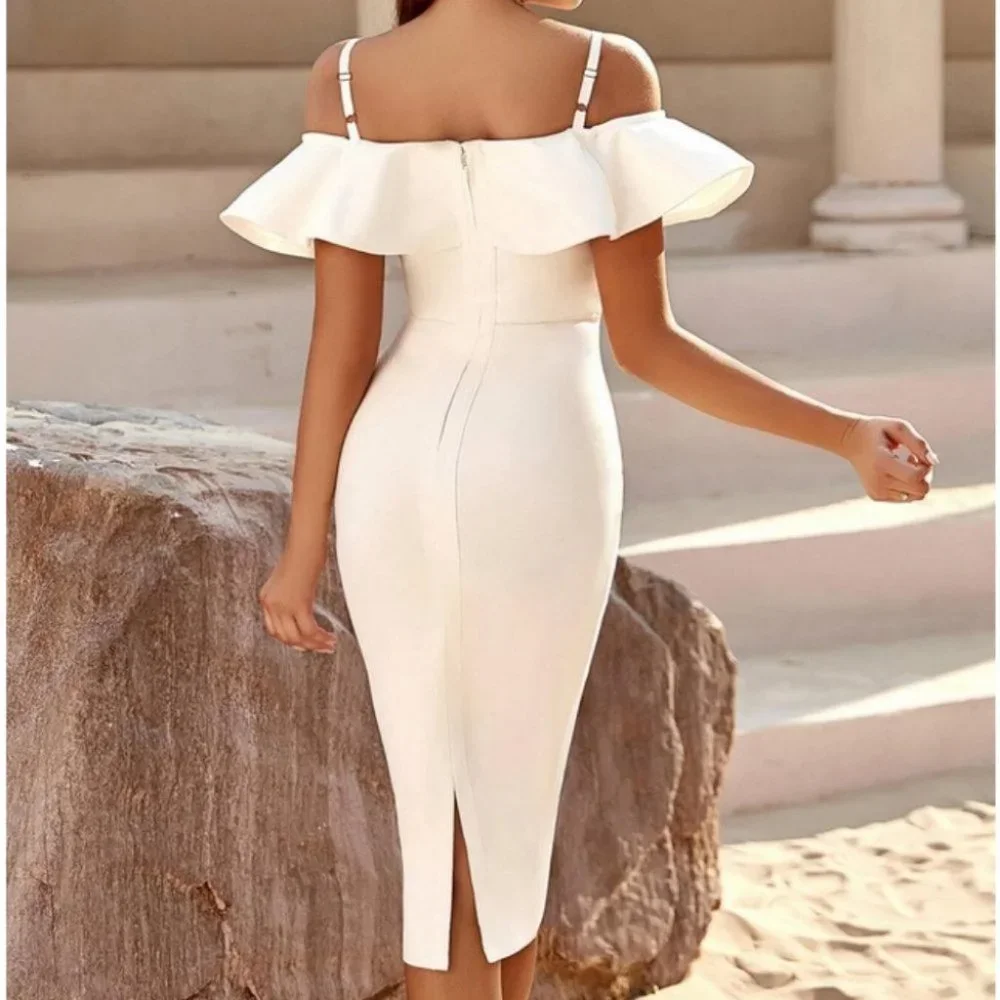 white lace front ruffle trim bodycon dress classy sassy sexy elegant holiday - Picture 5 of 6